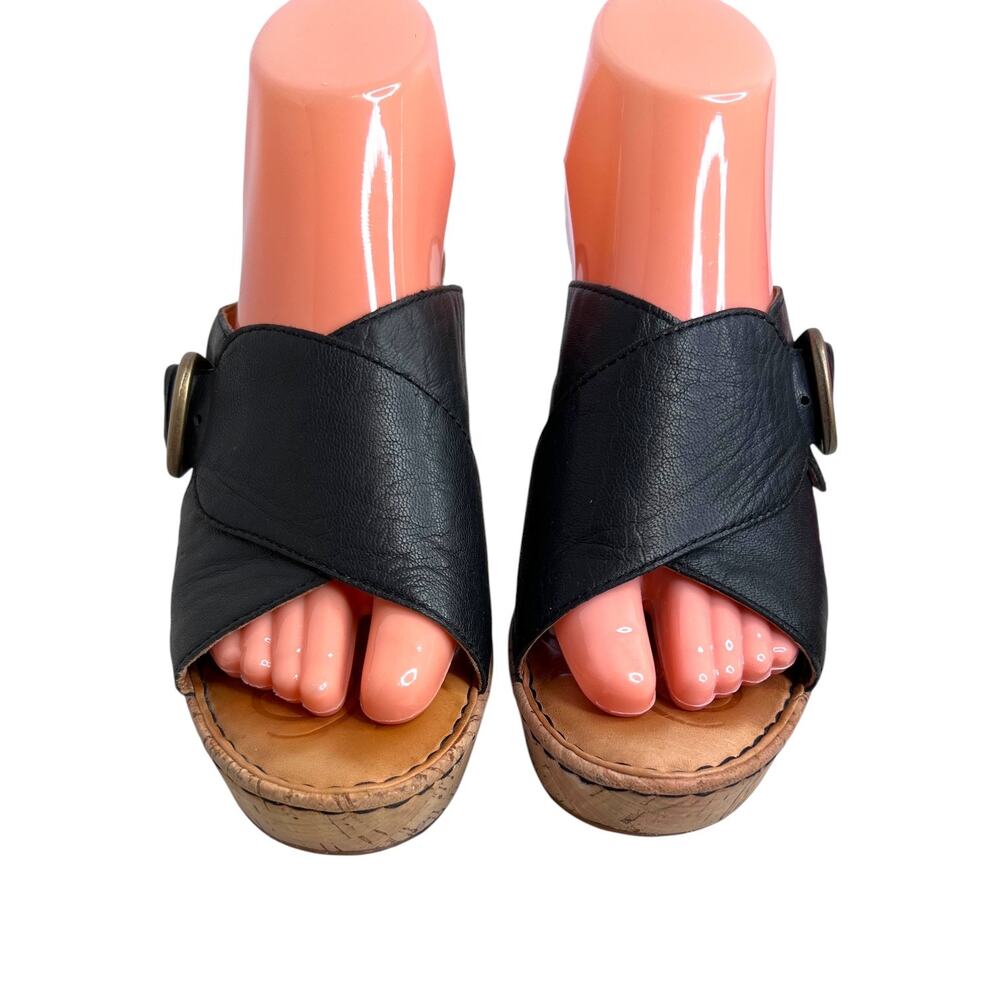 Born Leather Wedge Sandal Cork Platform Cross Strap & Buckle in Black Womens 9M - Picture 3 of 13
